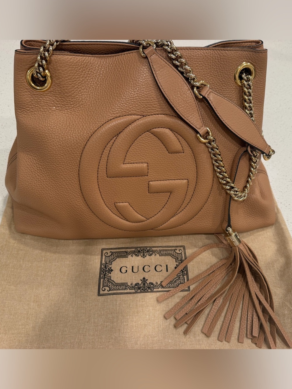 Gucci Soho Chain Tote Tan Leather Large